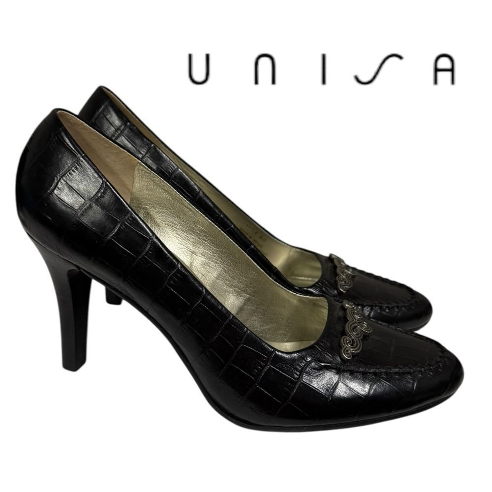 Unisa Vintage Castle Women's Black Croc Leather Pumps Heels 8